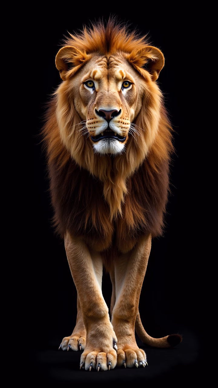 A powerful lion in motion, captured in stunning detail against a dark backdrop.