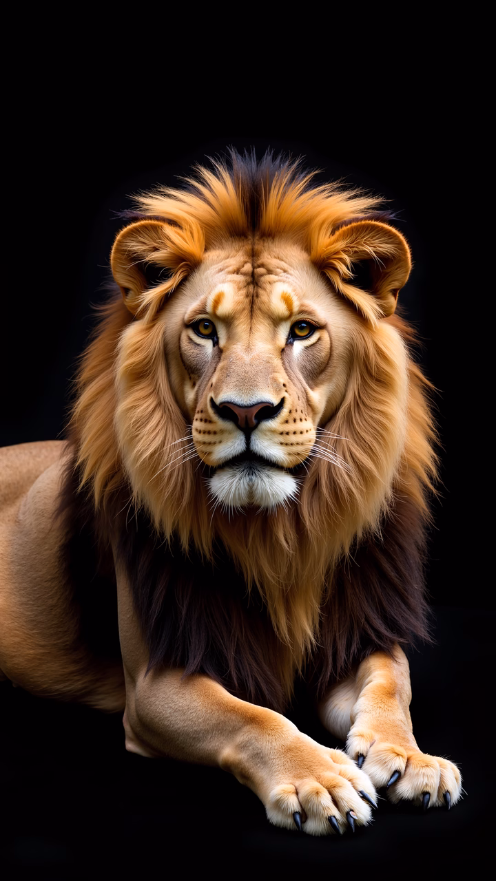 Close-up portrait of a majestic lion with golden mane and piercing eyes on a black background.