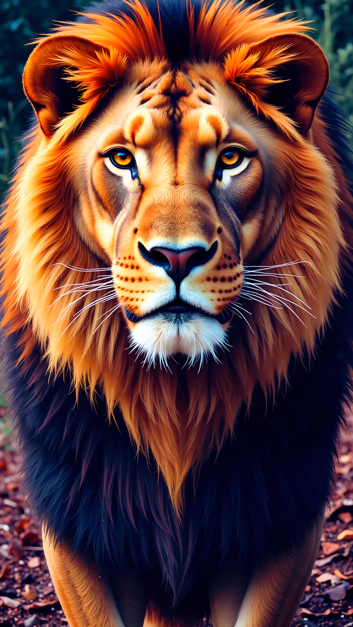 Vibrant illustration of a majestic lion with golden eyes and orange fur.