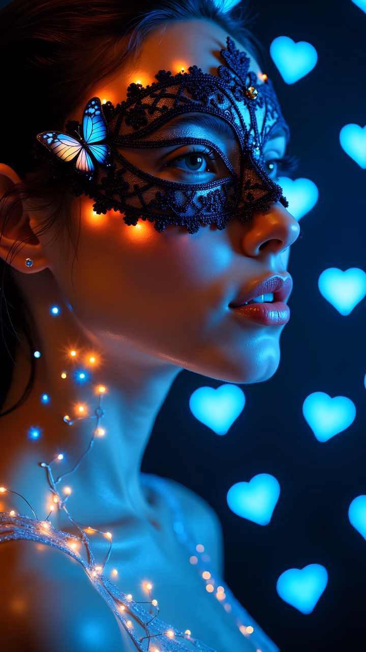 Romantic masquerade with glowing hearts and fairy lights.