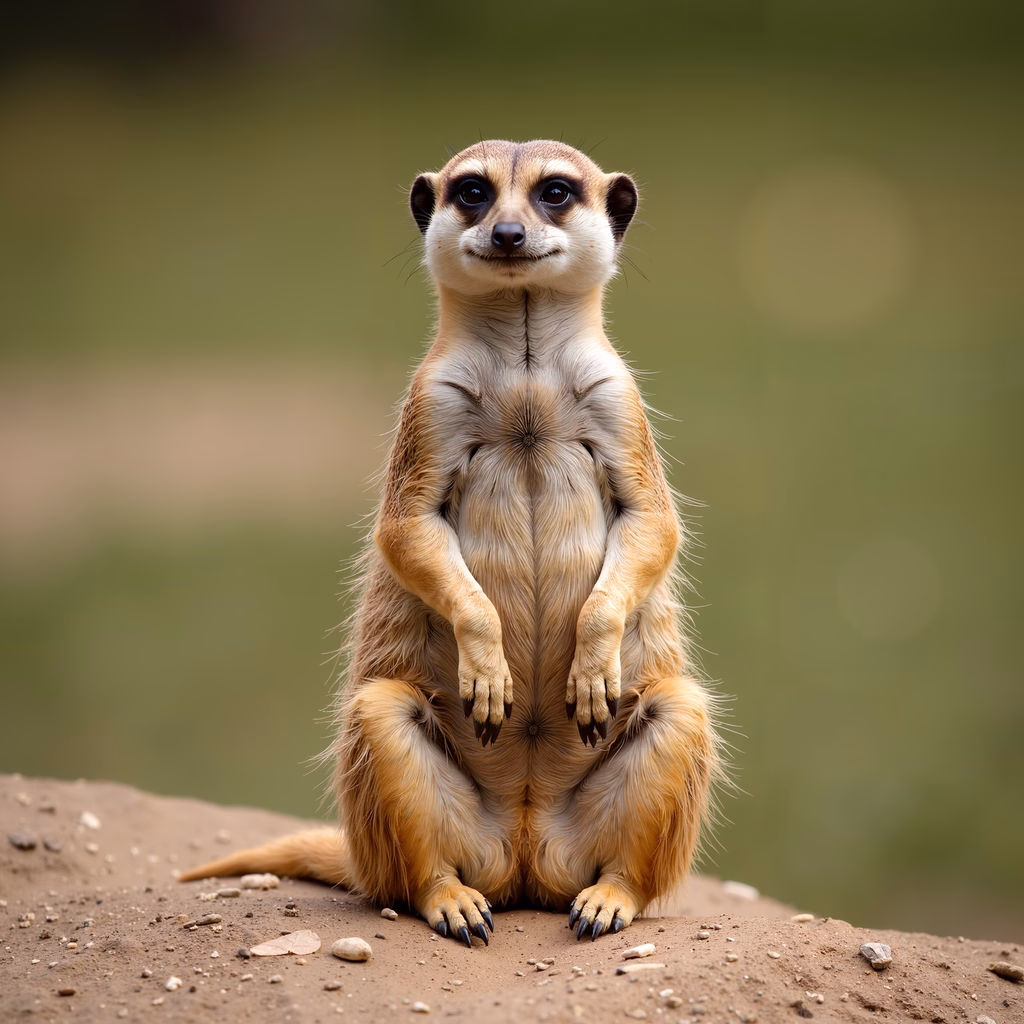 Close-up of a meerkat sitting upright, alert and curious, in a natural setting.