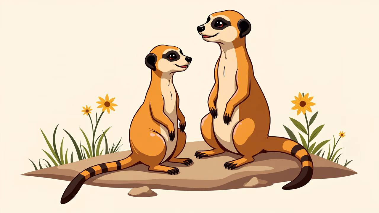 Two meerkats sitting together in a peaceful outdoor setting.