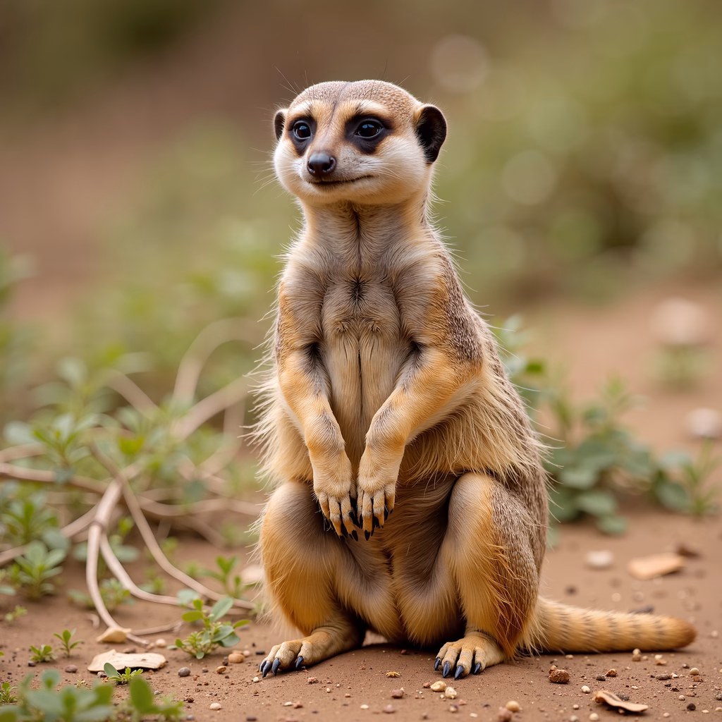 Close-up of a meerkat sitting upright, gazing curiously into the camera.
