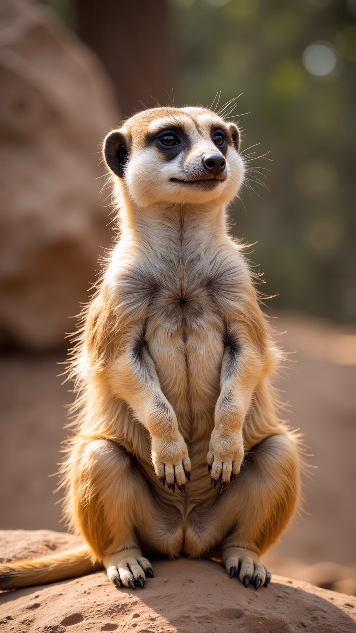 Close-up of a curious meerkat sitting on a rock, showcasing its expressive features and warm fur tones.