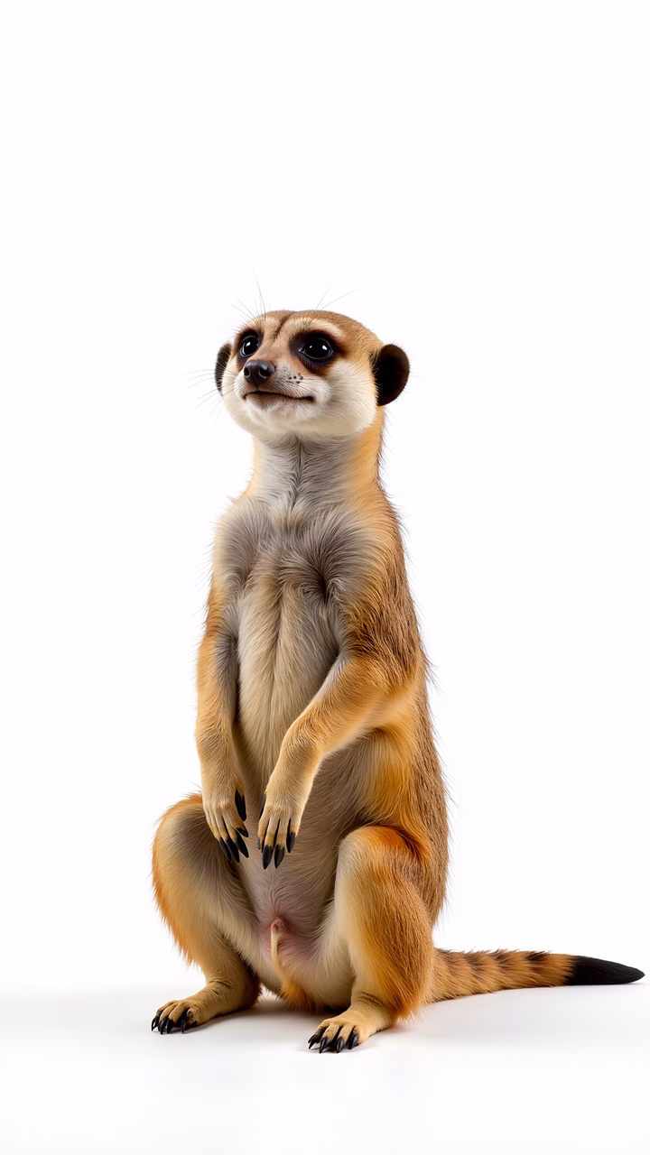 Alert meerkat sitting upright against a clean white backdrop.