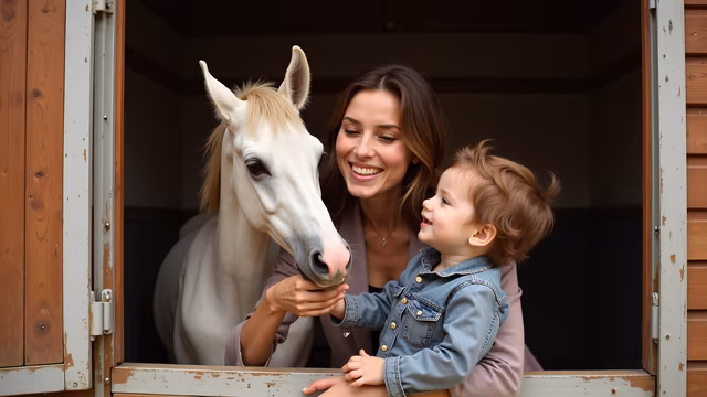Mom and Child Feeding Horse