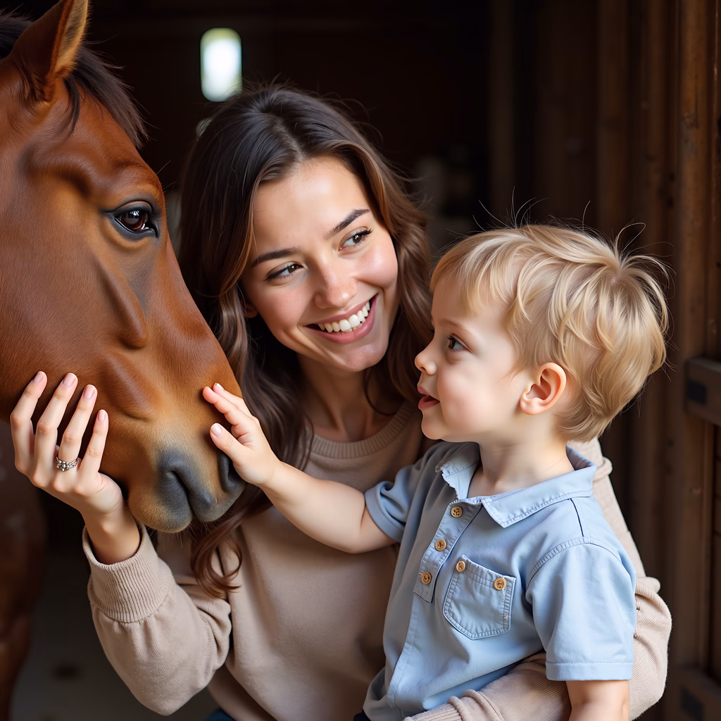 Mom and son share a tender moment with a horse, capturing familial love and connection.
