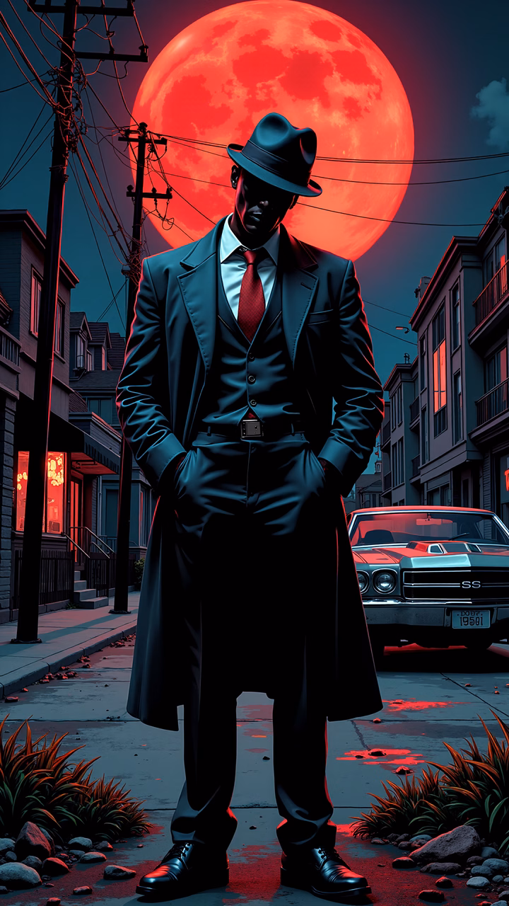 Mysterious man in a dark suit under a blood-red moon, evoking suspense and intrigue.
