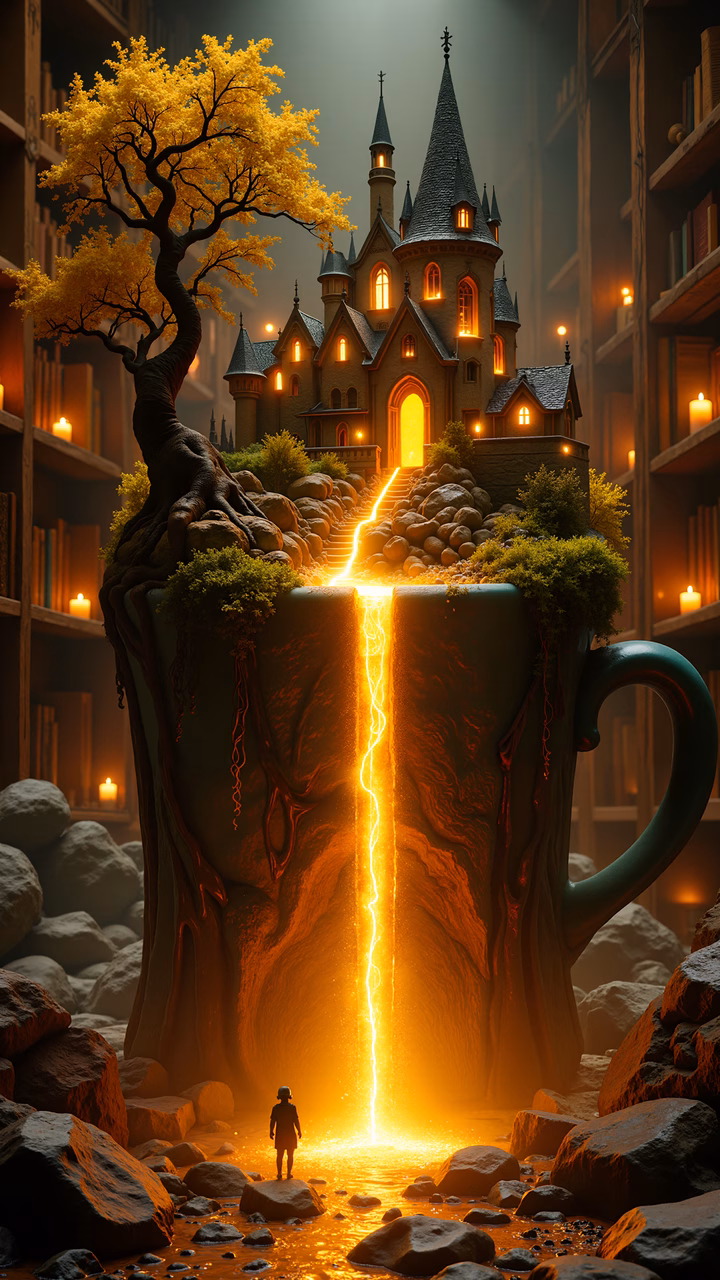 A magical castle inside a giant mug, glowing with warmth and mystery.