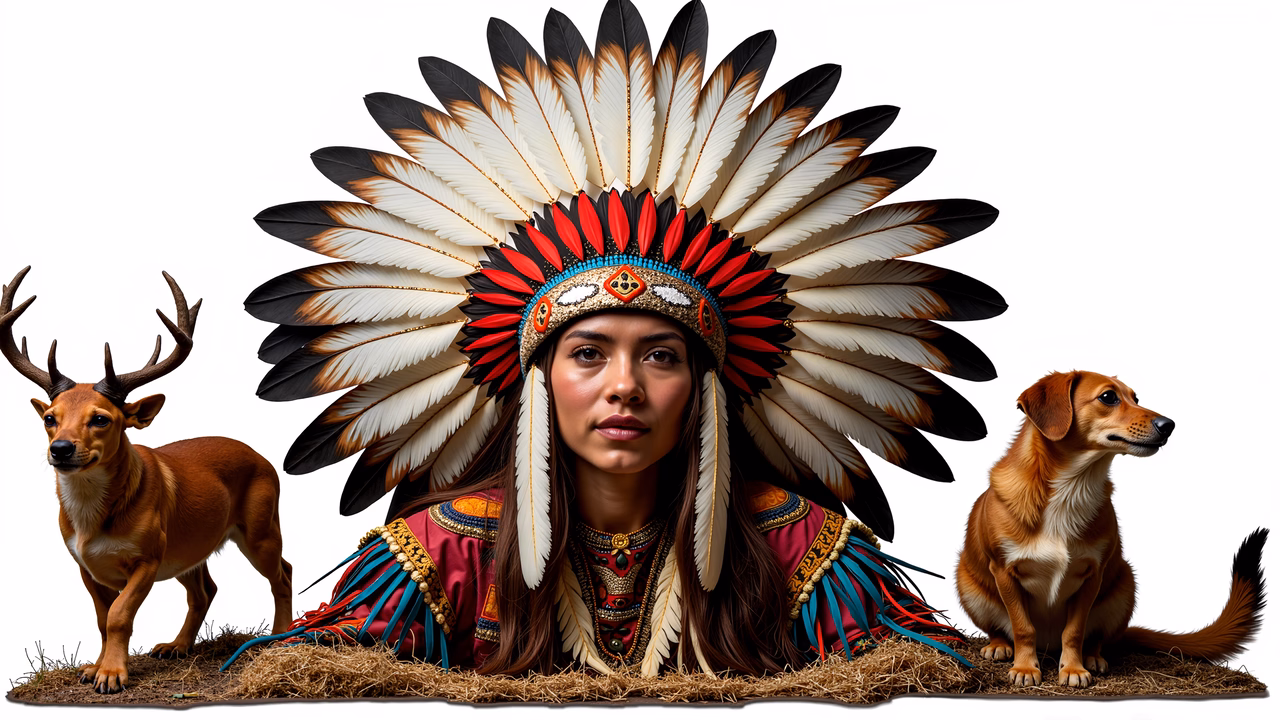 Traditional Native American headdress with animals and vibrant colors.