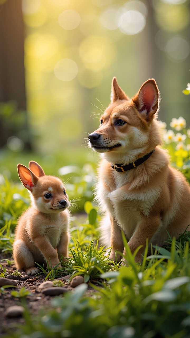 Two dogs in a forest setting, capturing nature's harmony.