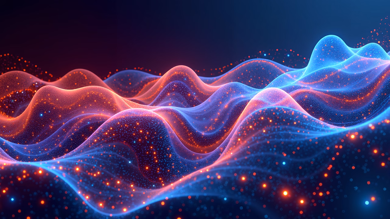 Vibrant neon waves with glowing particles against a dark background.