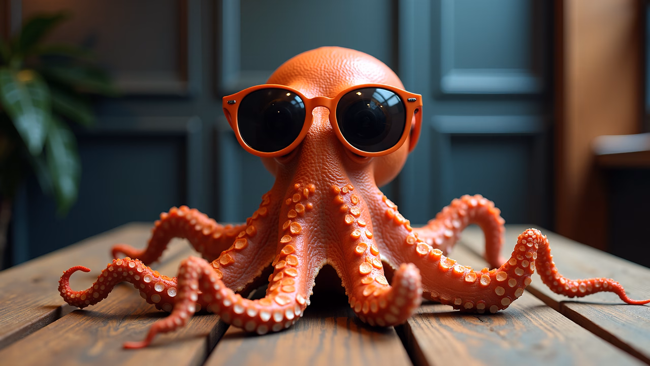 Whimsical octopus wearing sunglasses on a wooden table.
