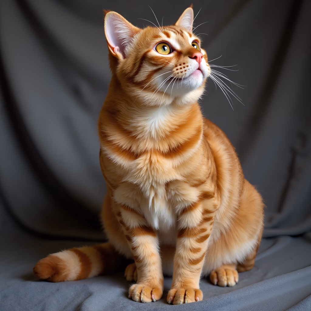 Close-up of an orange tabby cat with yellow eyes, sitting attentively.
