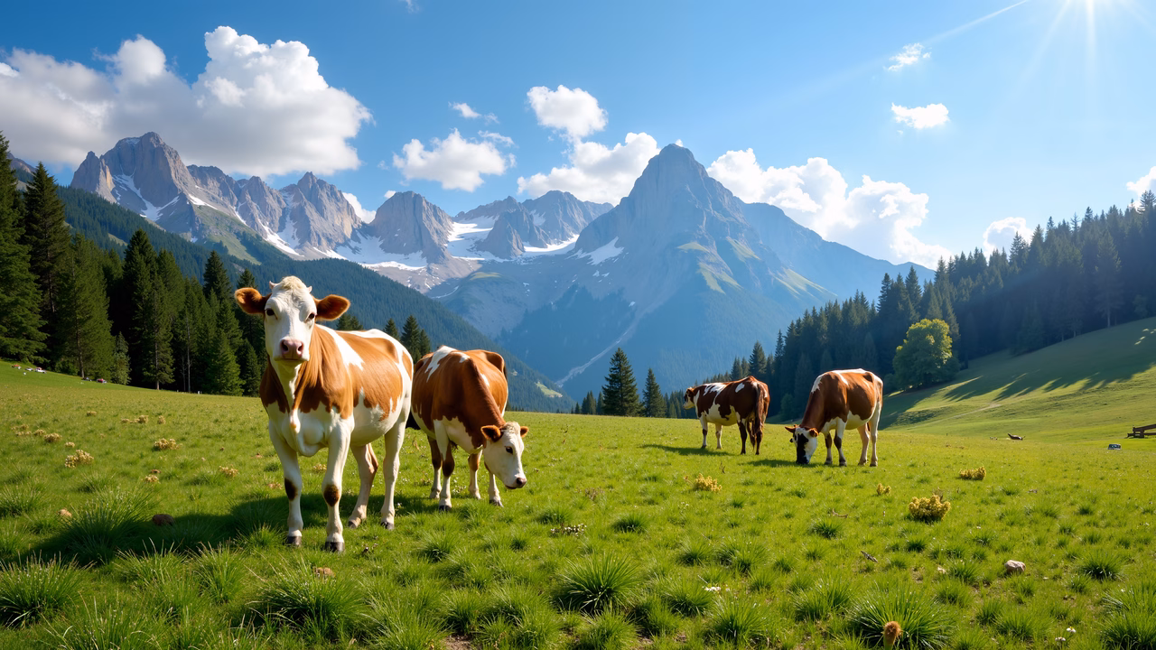Cows grazing in a picturesque mountain meadow under a sunny sky.