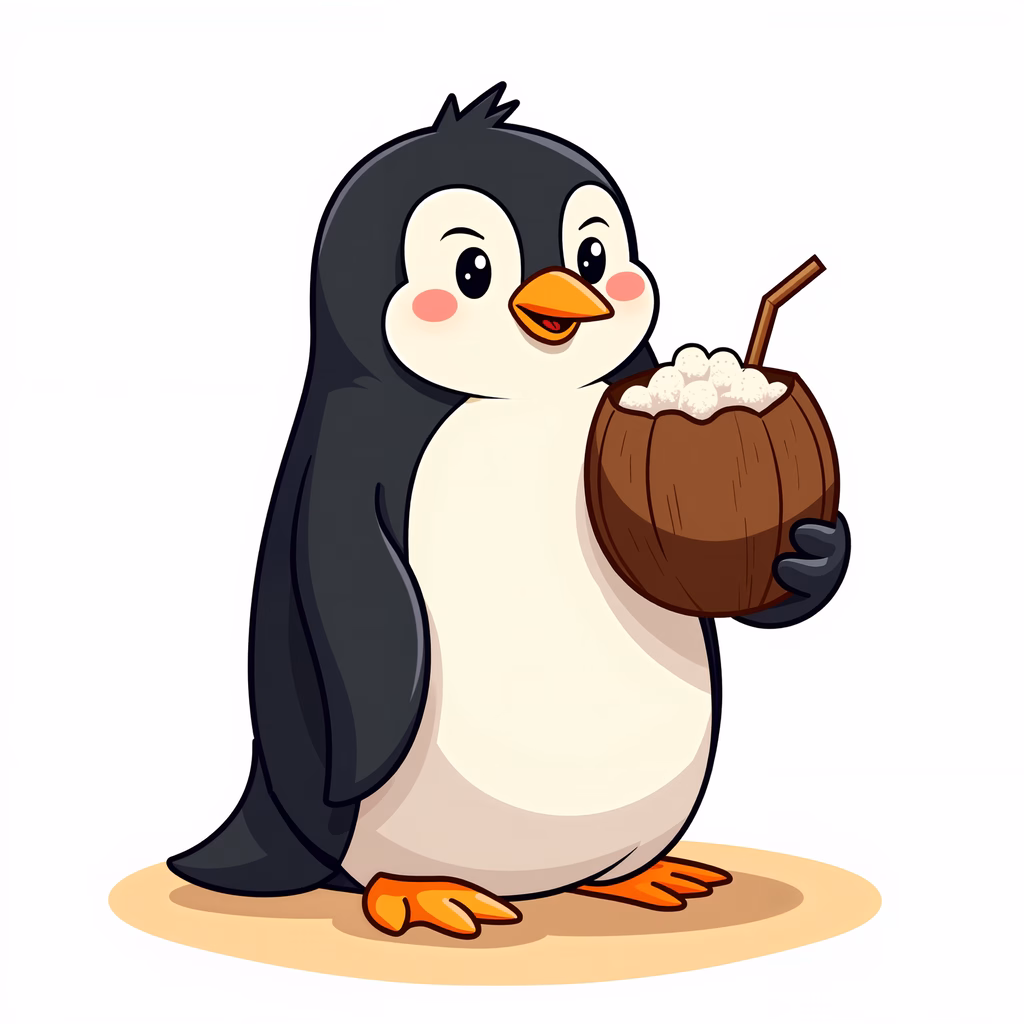 A cute penguin enjoying a coconut drink in a playful cartoon style.