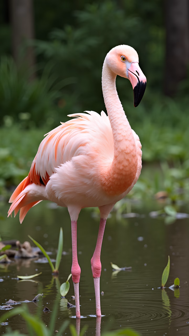 Elegant pink flamingo in a tranquil natural setting.