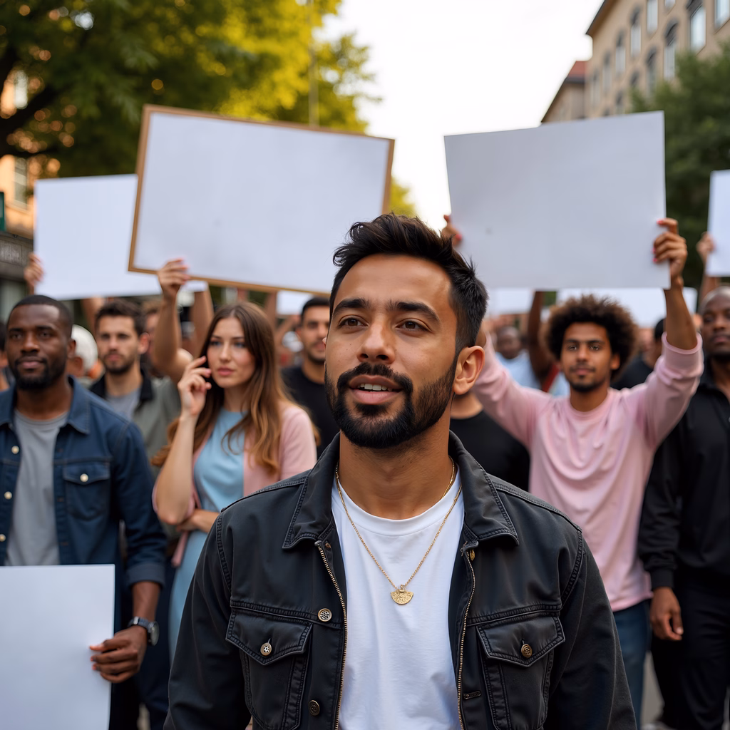 Diverse group marching with blank signs, symbolizing unity and solidarity.