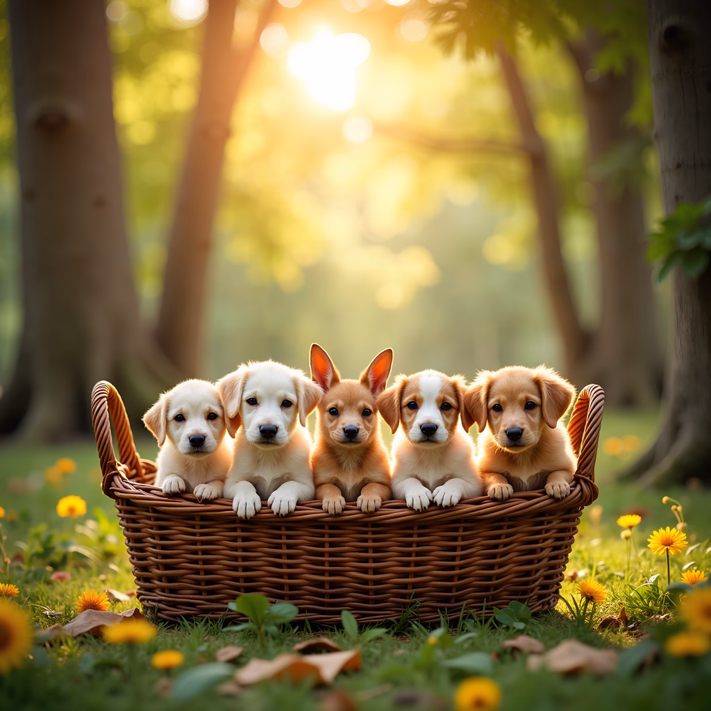 Five puppies in a basket amidst a sunny meadow filled with yellow flowers.