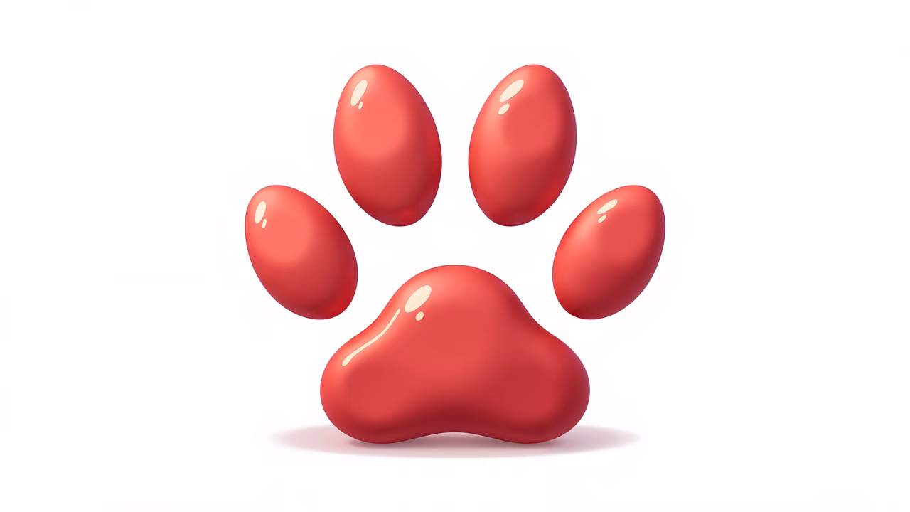 Vibrant red paw print with glossy textures on a white background.