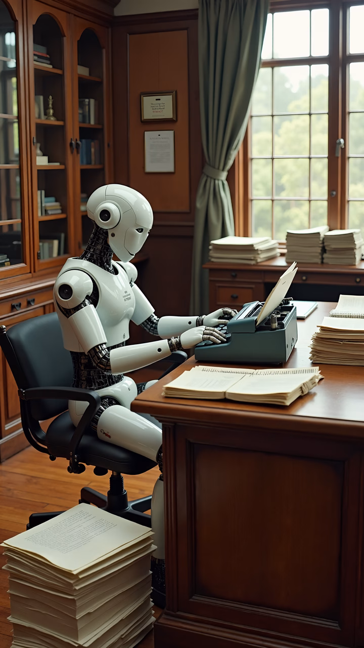 A robot typing in a classic office setting, blending modern technology with vintage charm.