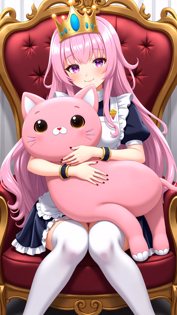 Whimsical anime girl with crown and cat companion on throne.