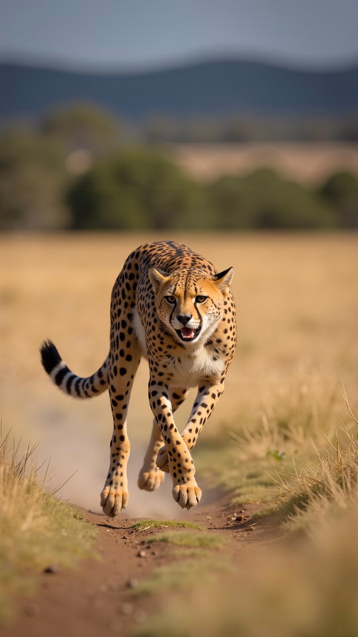 Dynamic cheetah sprinting through the savanna, showcasing speed and agility.