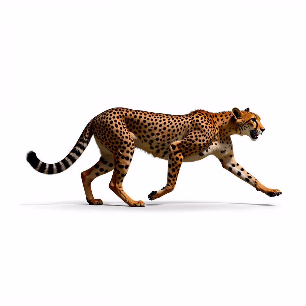 Dynamic cheetah in motion, vibrant orange and black spots against a white background.
