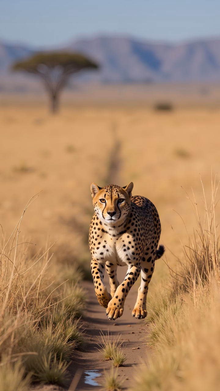 Dynamic cheetah running through golden savanna