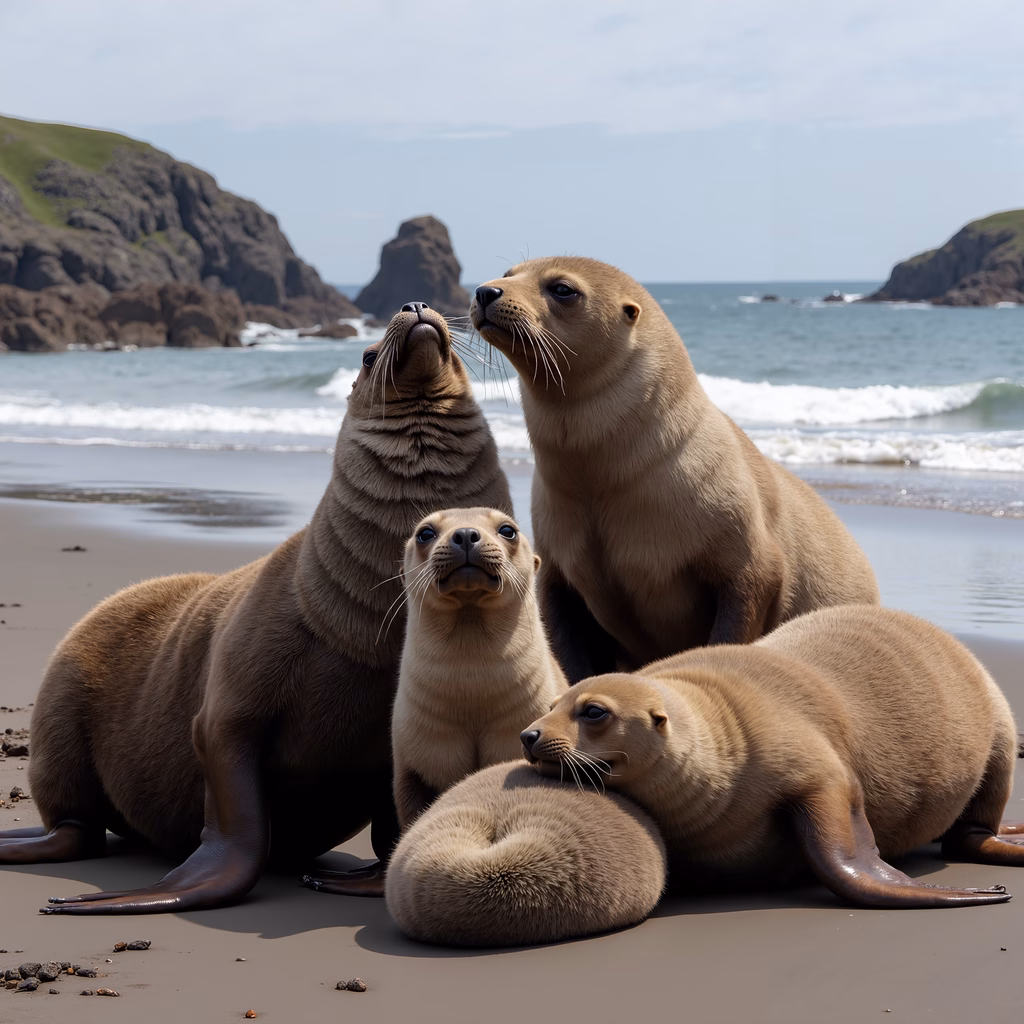 A peaceful moment captured of a seal family on a sunny beach.