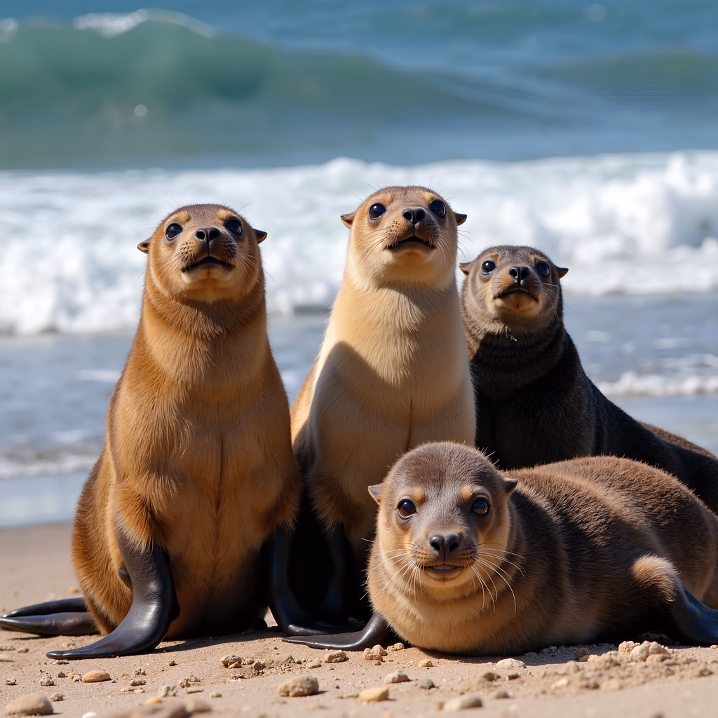 Four seals enjoying a peaceful day by the ocean.