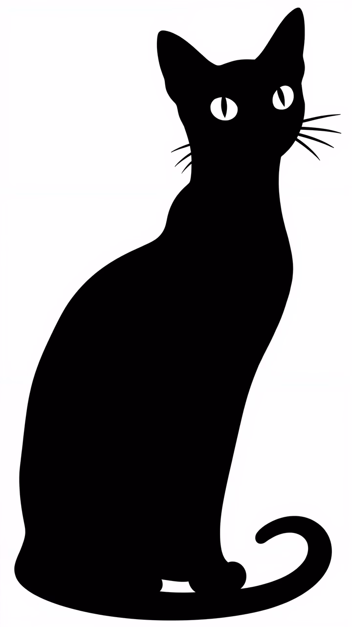 Minimalist black silhouette of a seated cat on a white background.