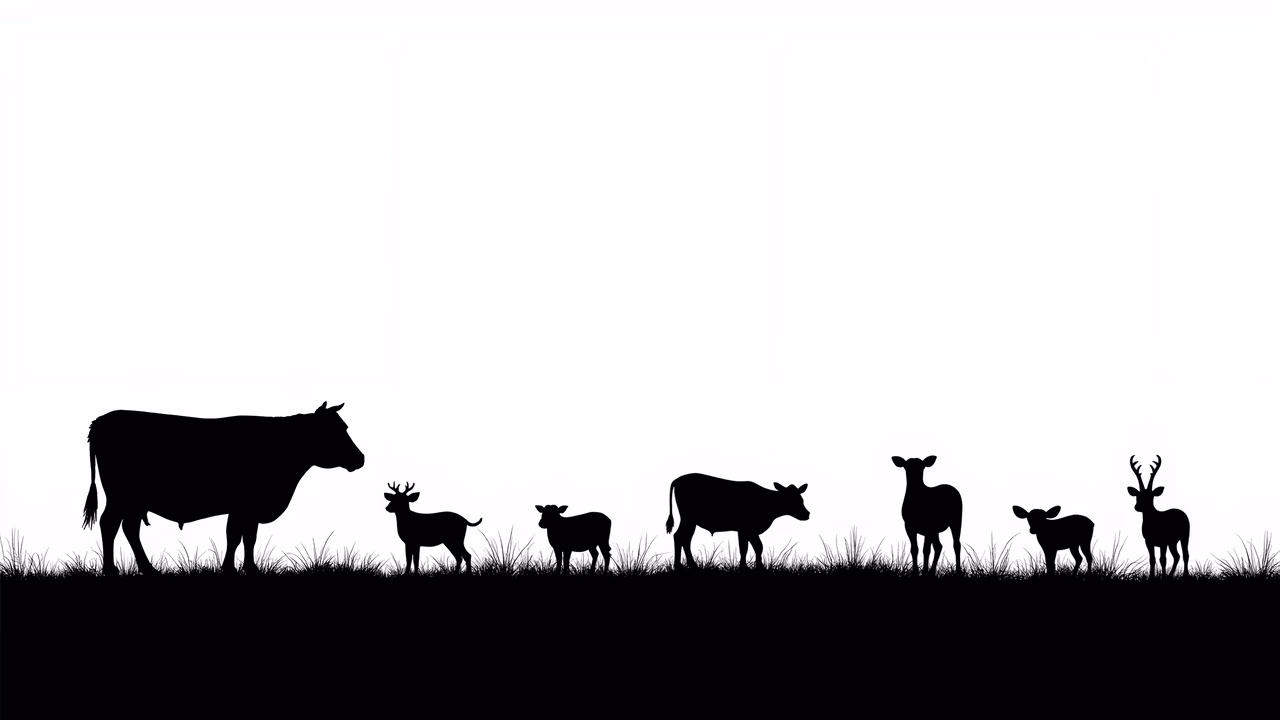 Silhouetted cows and deer in a tranquil field