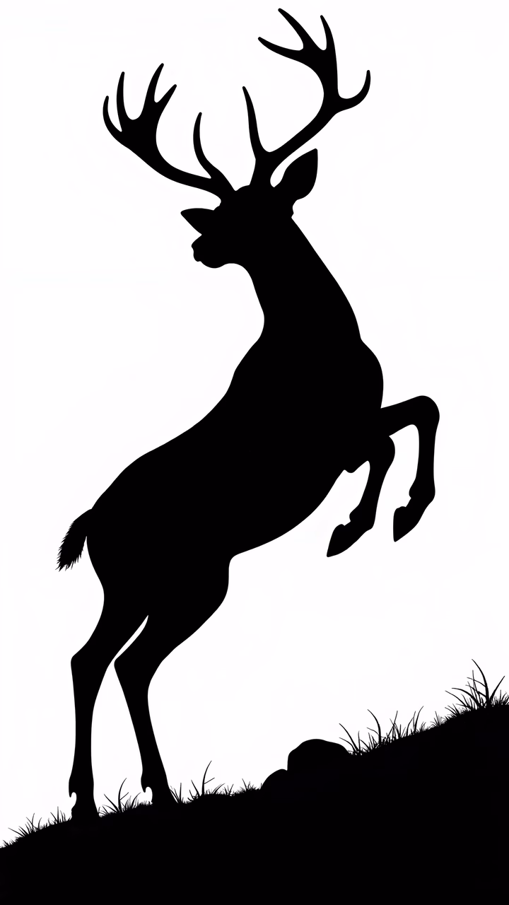 Dynamic black silhouette of a leaping buck against a white background.