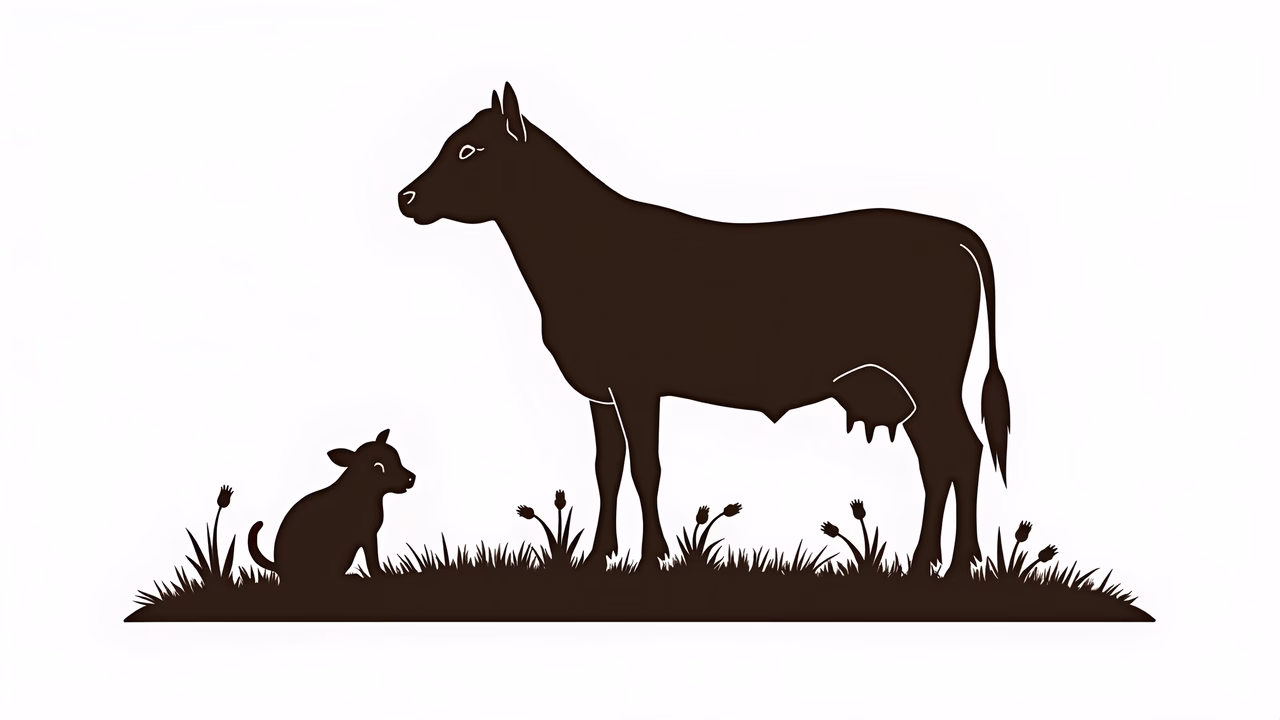 Minimalist black silhouettes of a cow and calf against a light background, symbolizing maternal love and tranquility.