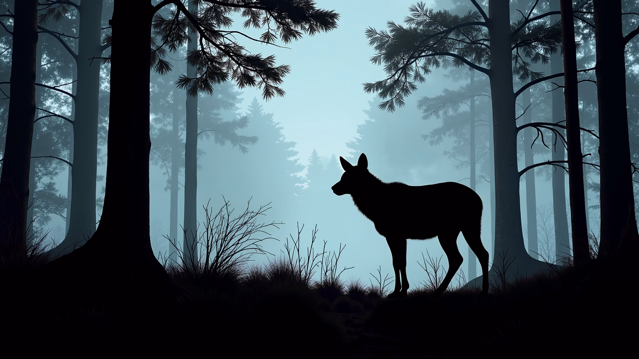 Mysterious wolf silhouette in a misty forest