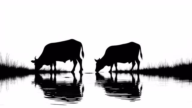 Silhouettes of Cows Drinking