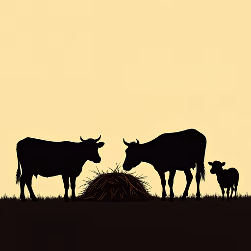 Silhouettes of Cows Feeding