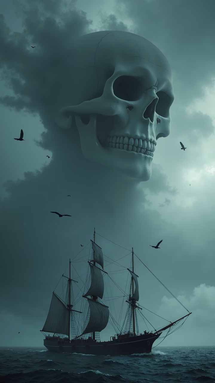 A ghostly ship under a stormy sky with a colossal skull looming overhead.