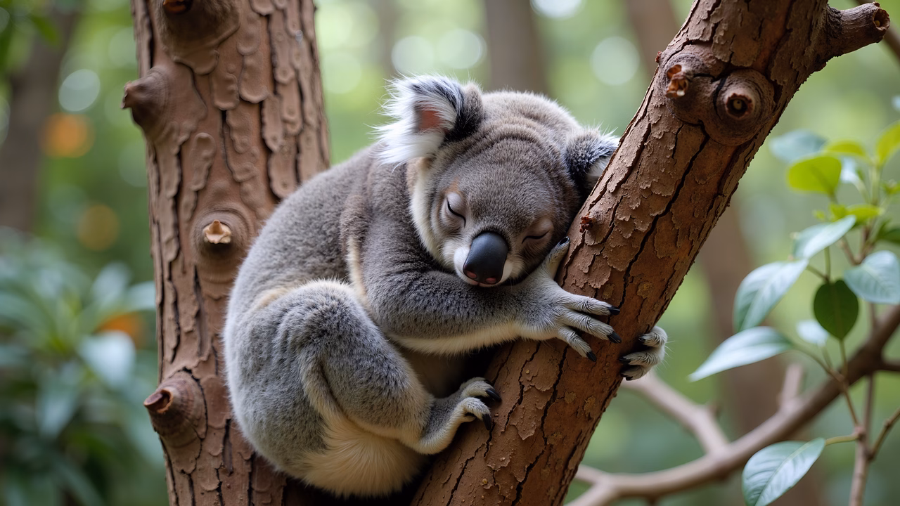 A tranquil koala sleeping peacefully in a tree, surrounded by lush greenery.