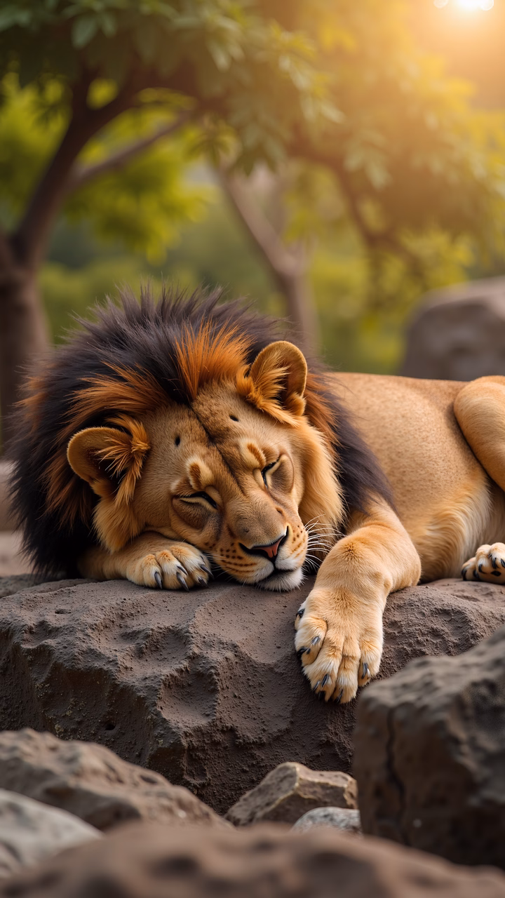 A majestic lion resting in a serene natural setting, captured in a detailed illustration.