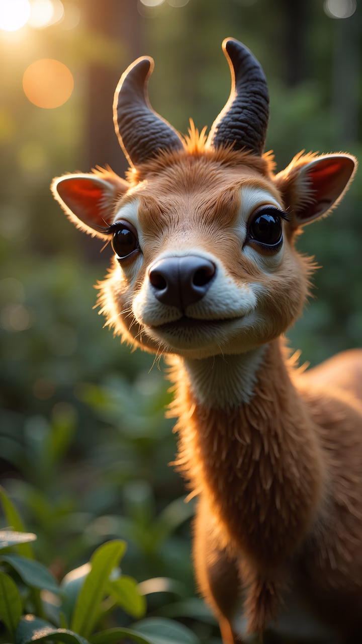 A friendly antelope with a warm smile against a sunset backdrop.