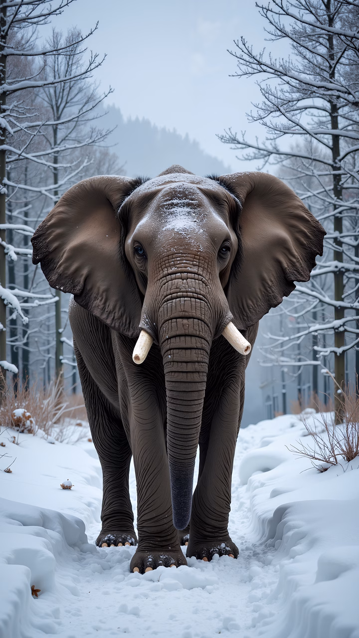 A snow-covered elephant in a serene winter forest.
