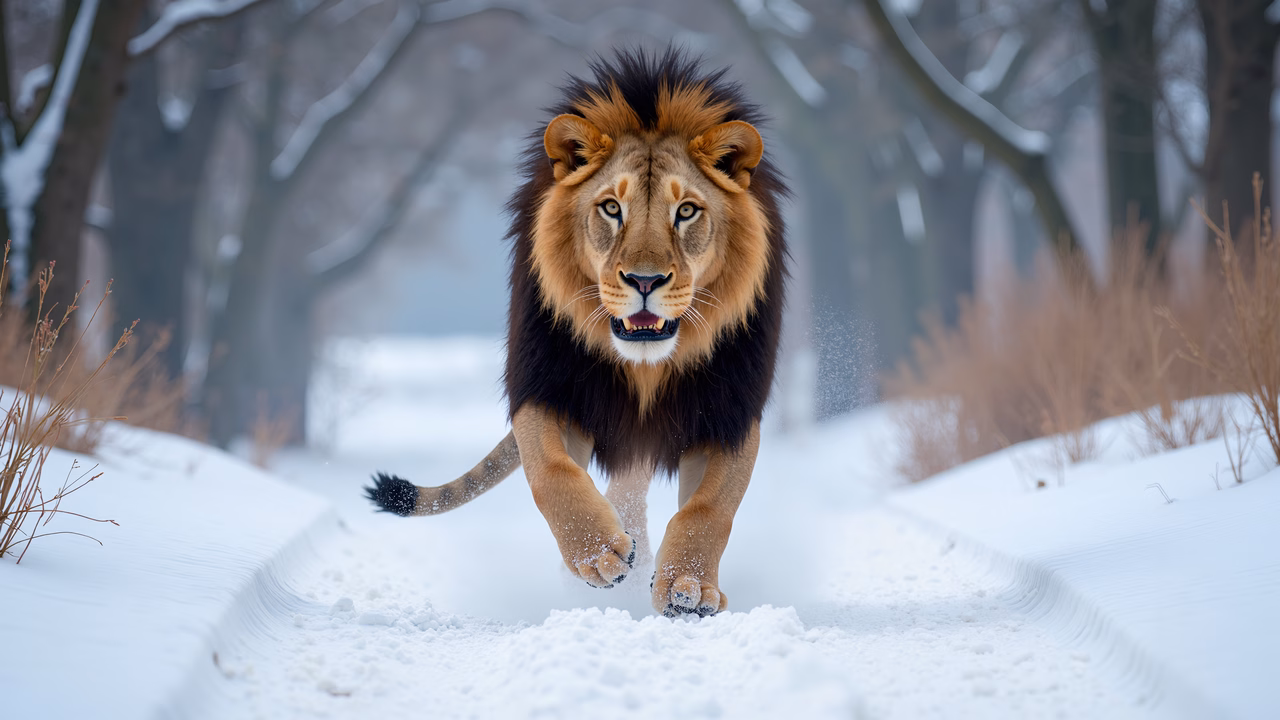 A lion walking through a snowy forest, showcasing wildlife beauty and tranquility.
