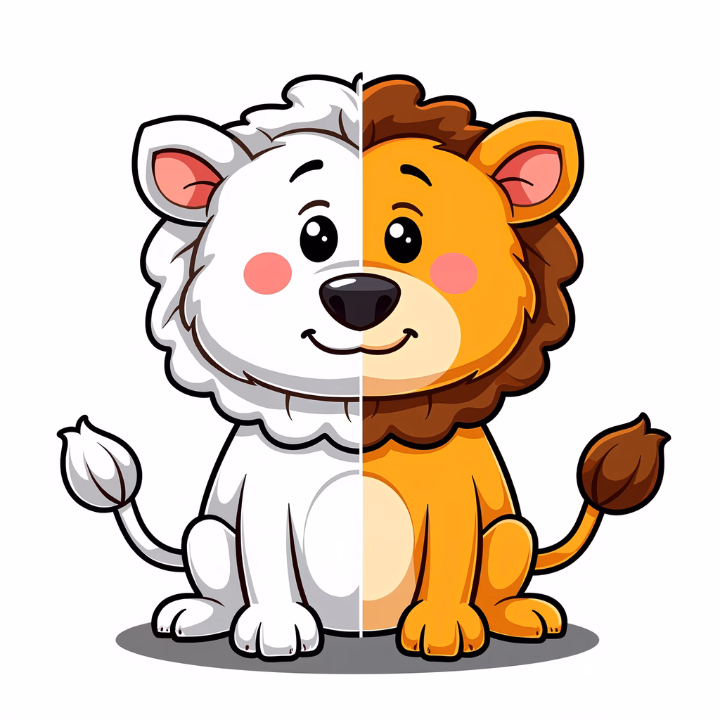 Split image of a lion cub and adult lion, playful and whimsical.