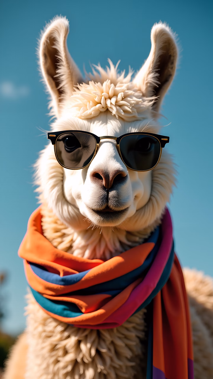Stylish llama wearing sunglasses and a colorful scarf against a blue sky.
