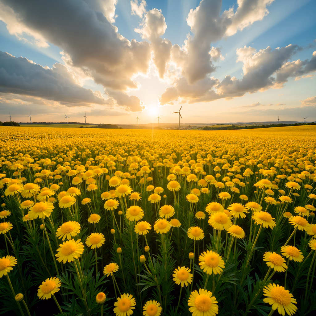 A sunlit field of yellow flowers under a dynamic sky, evoking peace and renewal.