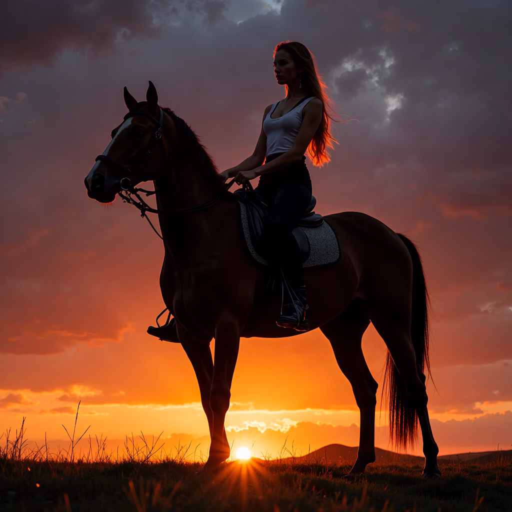 Silhouette of a woman horseback riding against a stunning sunset sky.