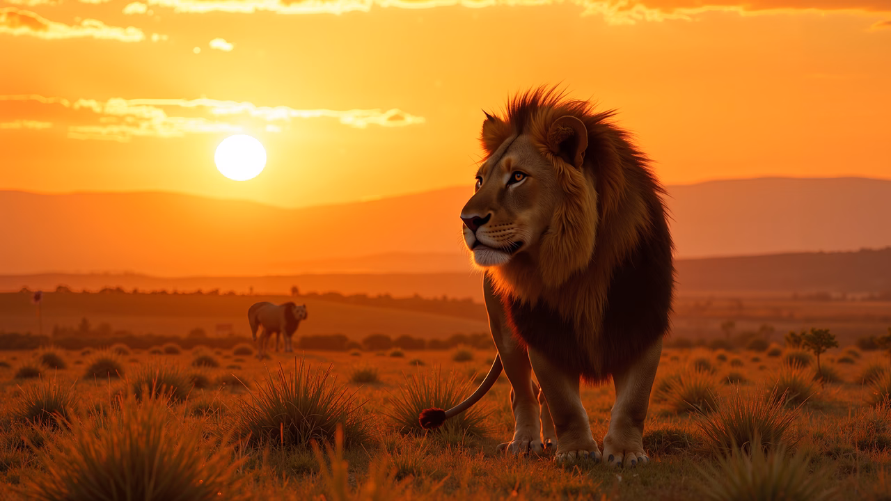A lion in a sunset landscape, blending nature and artistry.