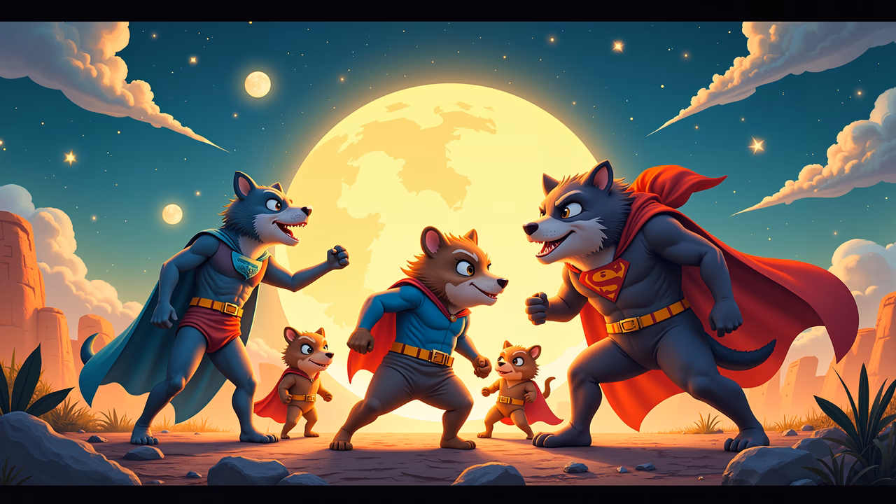 A family of superhero wolves under a full moon, inspiring adventure and camaraderie.
